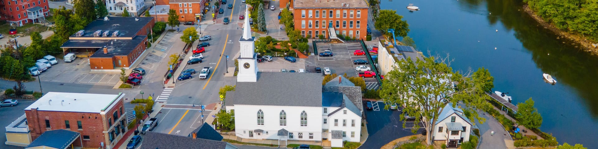 Newmarket Community Church aerial view on Main Street in historic town center of Newmarket, New Hampshire NH, USA.
