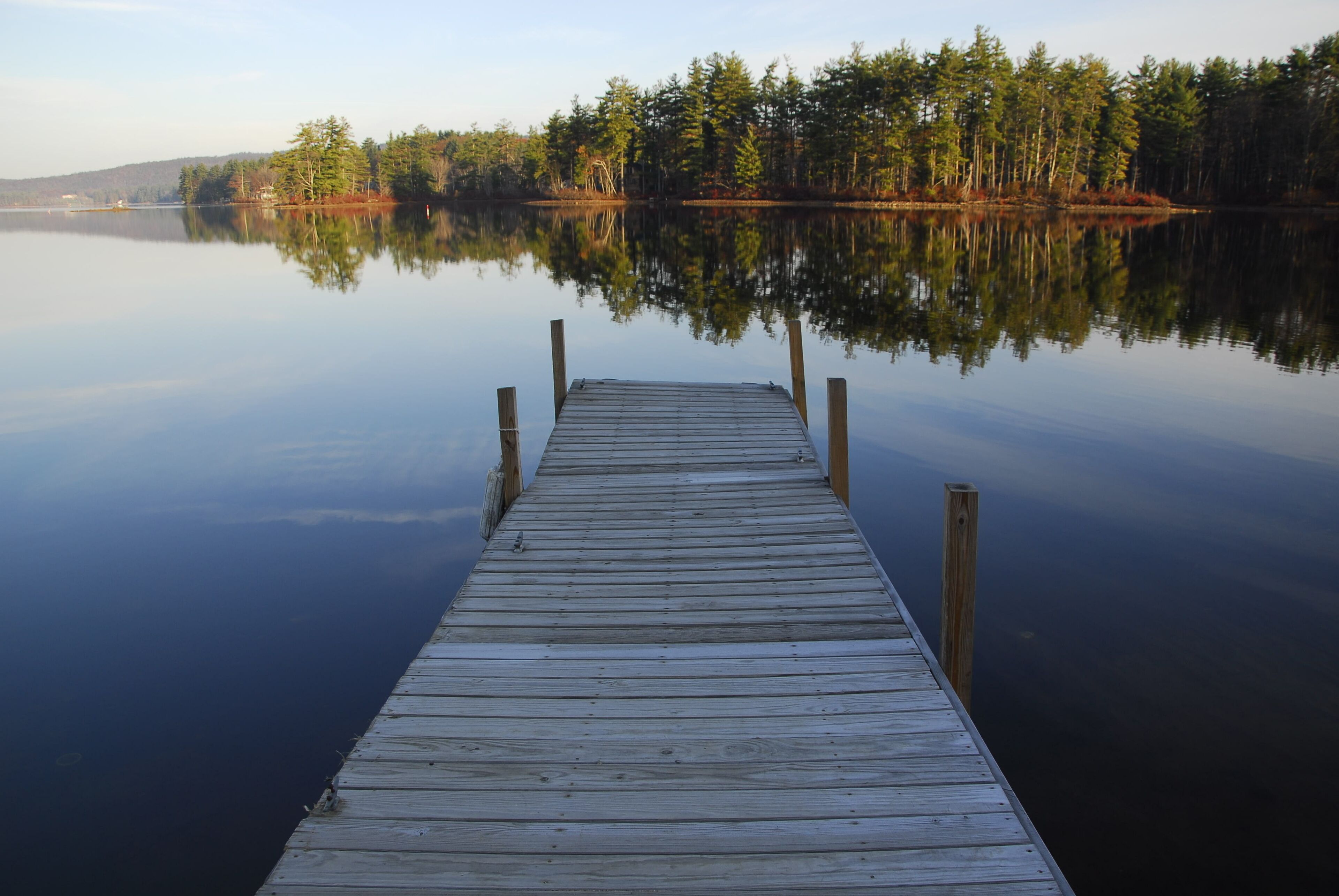 A wooden pier extending into calm water with a forested shoreline in the background.