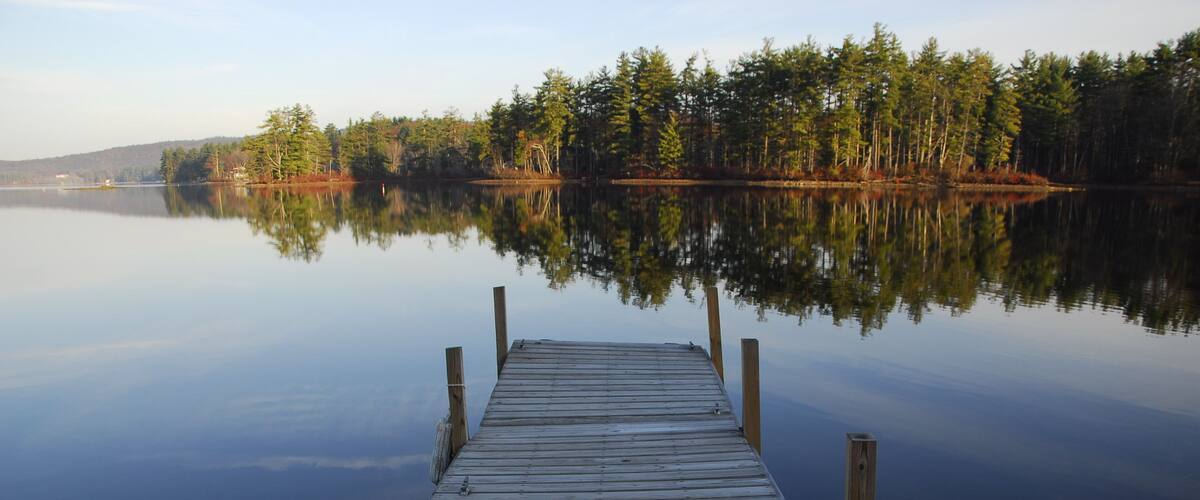 A wooden pier extending into calm water with a forested shoreline in the background.