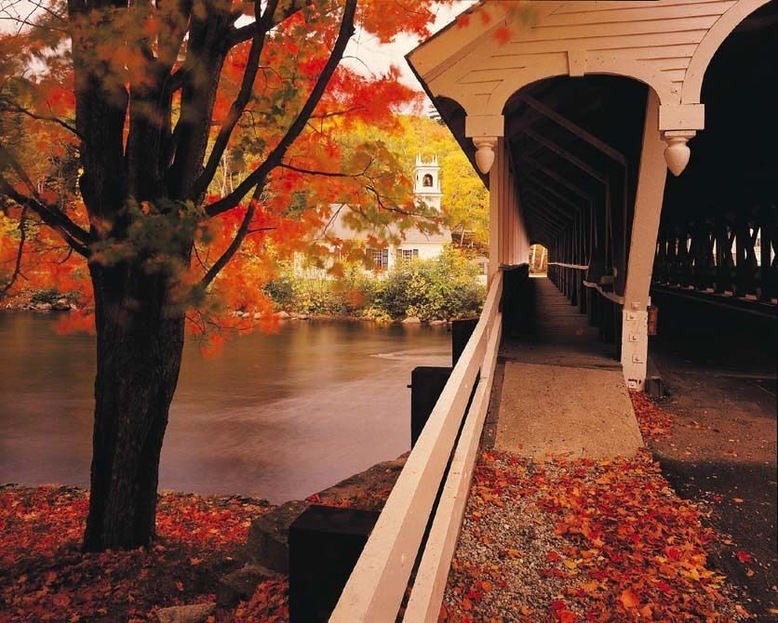 Fall Scene, The Union Church and Covered Bridge at Stark, New Hampshire, USA