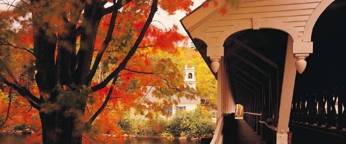 A covered bridge with autumn leaves, a tree, and a building in the background.