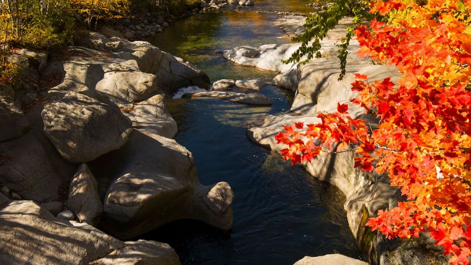 A river flowing through a rocky landscape with autumn foliage.