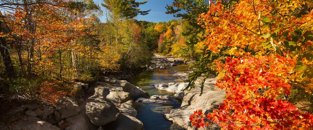A river flowing through a rocky landscape with autumn-colored trees.