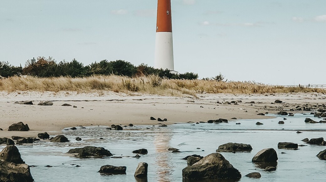 Barnegat Lighthouse reflecting in water with rocks at beach