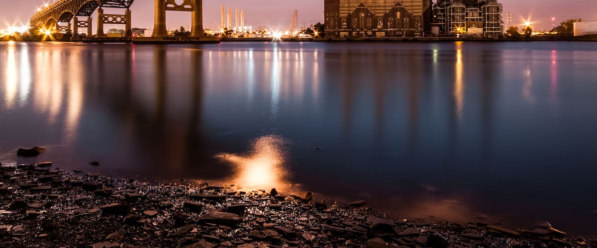 Kearny Power Station and Pulasky Skyway at dusk in NJ
