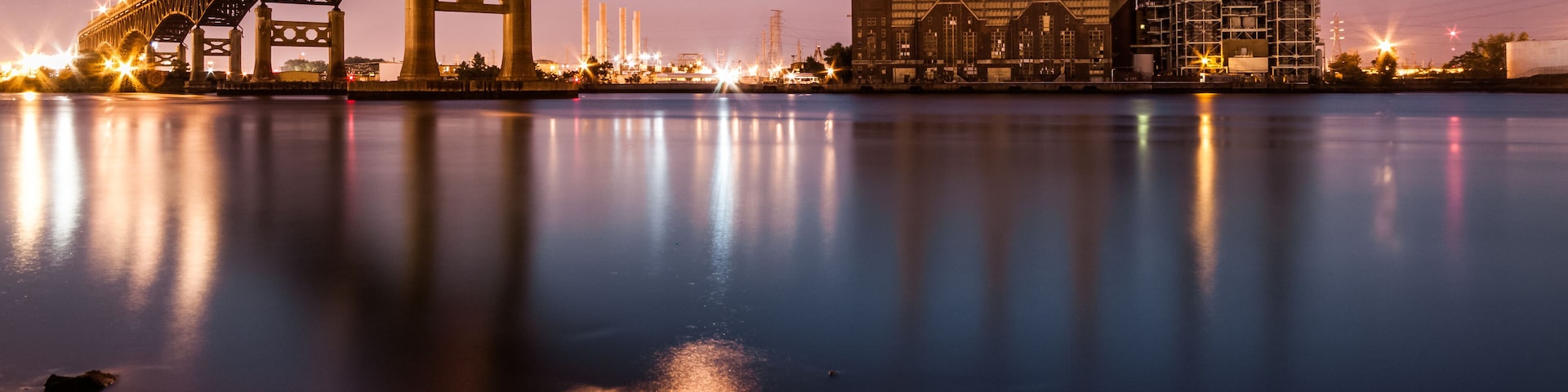 Kearny Power Station and Pulasky Skyway at dusk in NJ