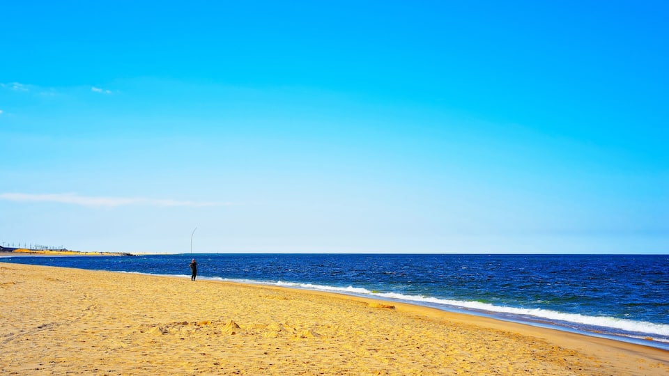 A sandy beach with a person standing near the water's edge, a clear blue sky, and a distant pier.