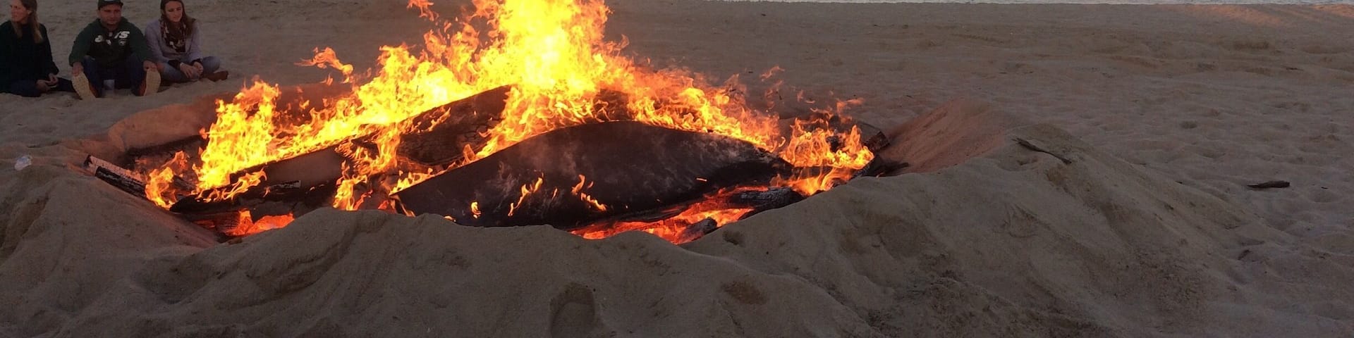 A beach with a fire pit in the sand and people sitting around it.