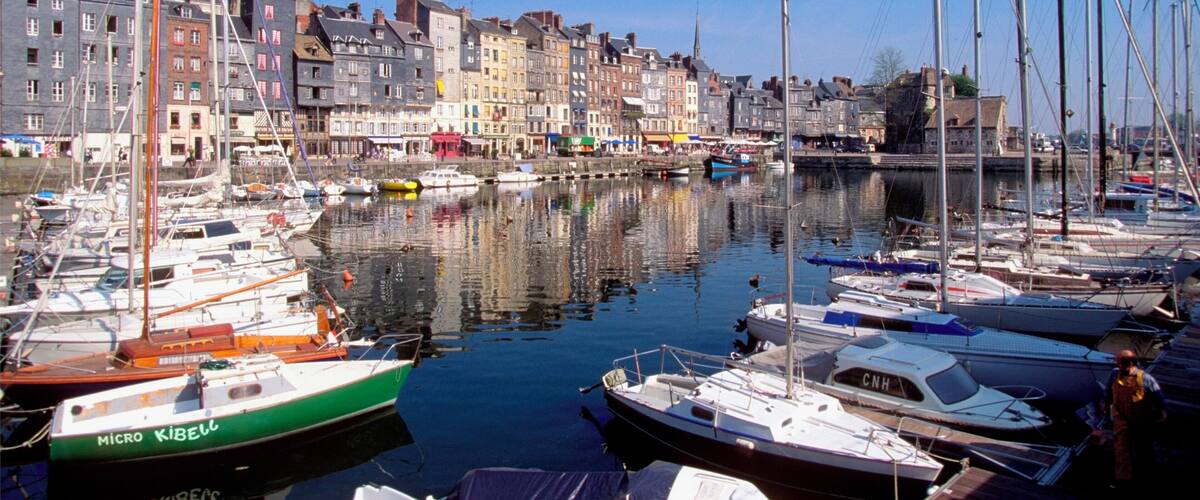 A marina with various boats docked, a waterfront with colorful buildings, and a clear blue sky.