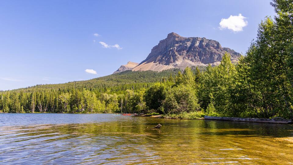 A calm lake with clear water, surrounded by dense green forest and a prominent mountain in the background.