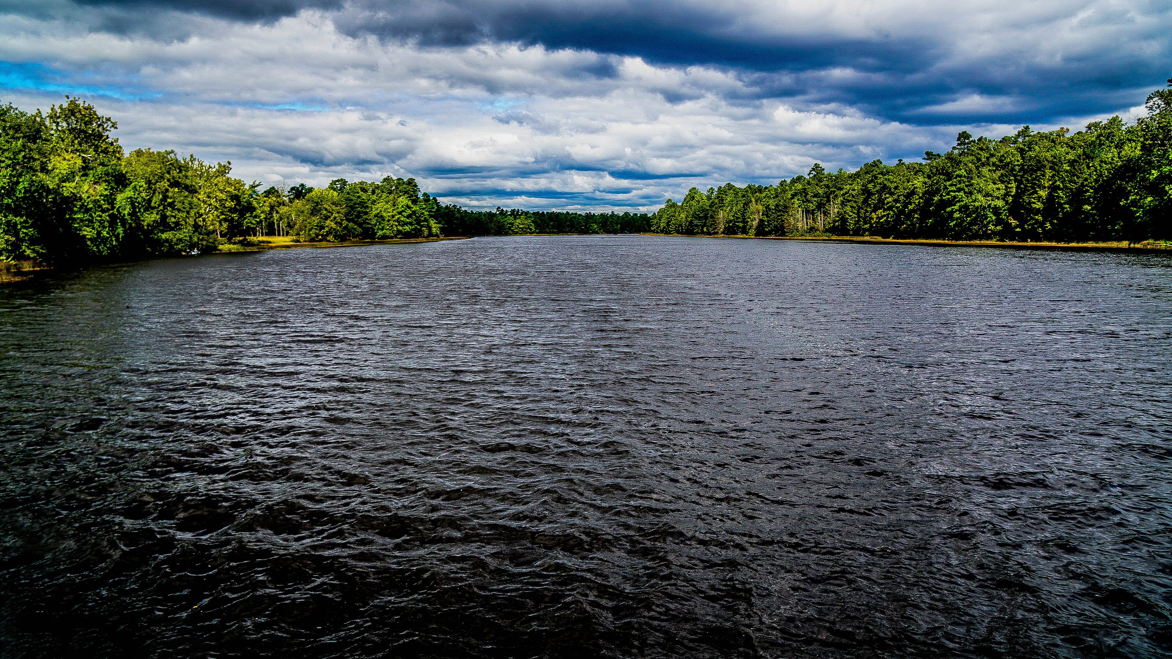 A river surrounded by dense green forest under a cloudy sky.
