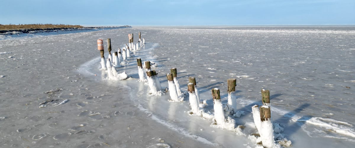A frozen landscape with wooden posts and footprints in the snow.