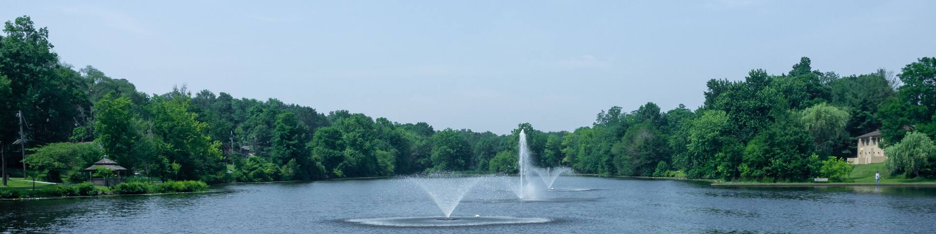 A lake with a central fountain, surrounded by lush greenery and trees.