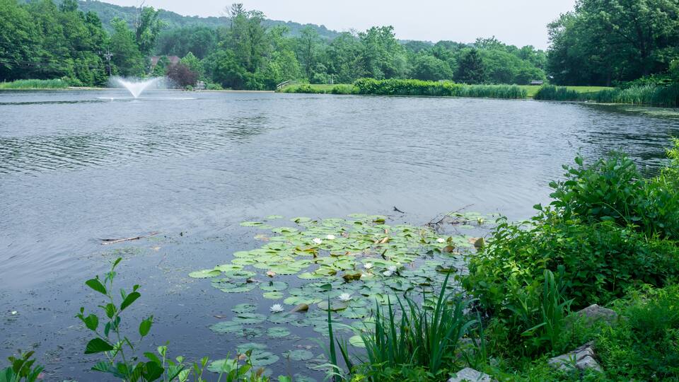 Watchung Circle Lake with water fountains in late spring