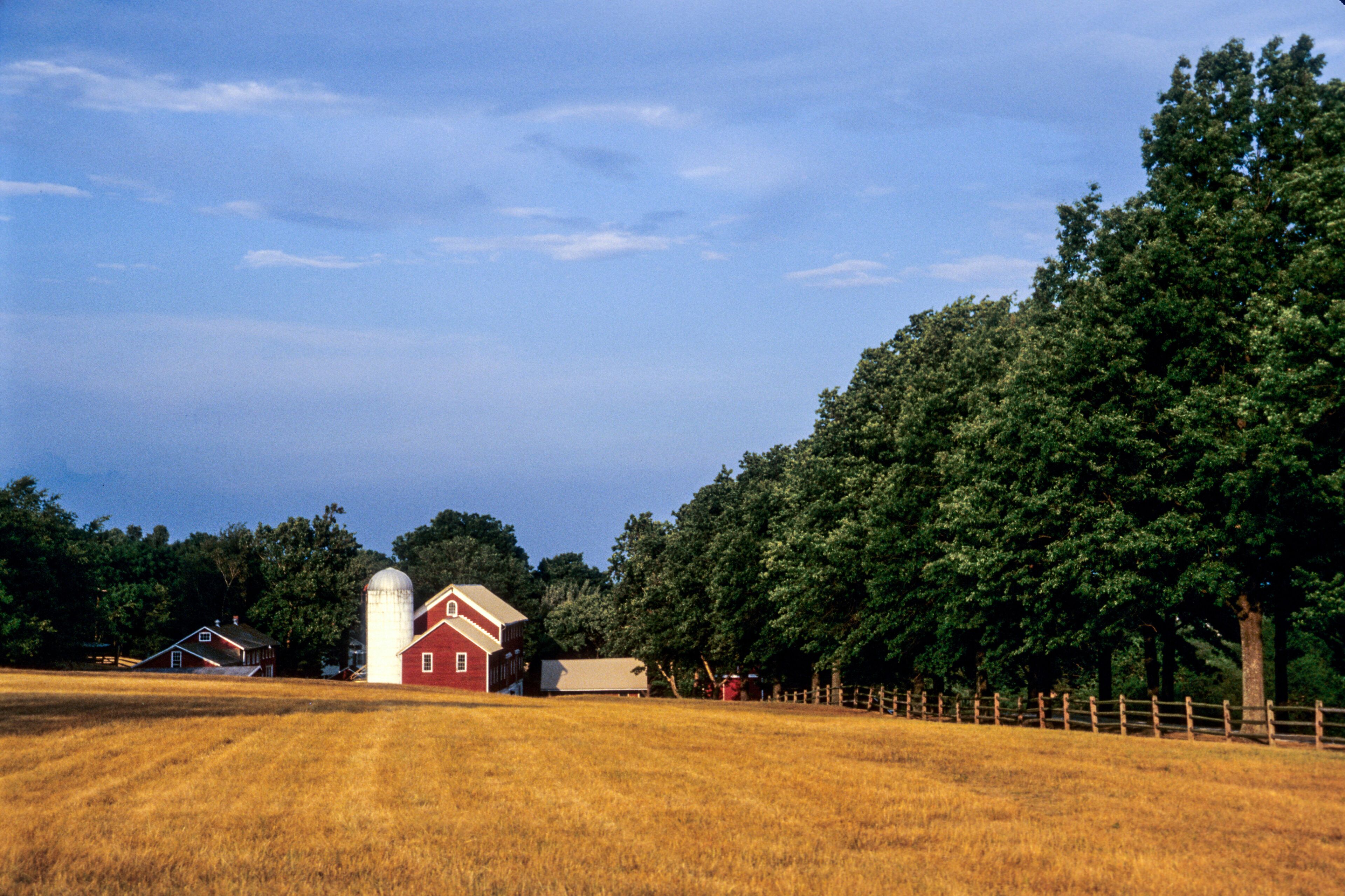 A red barn with a silo, surrounded by a wooden fence and trees.