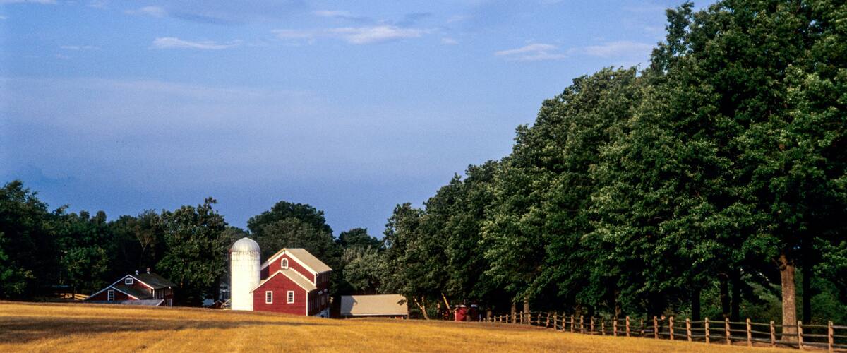 A red barn with a silo, surrounded by a wooden fence and trees.