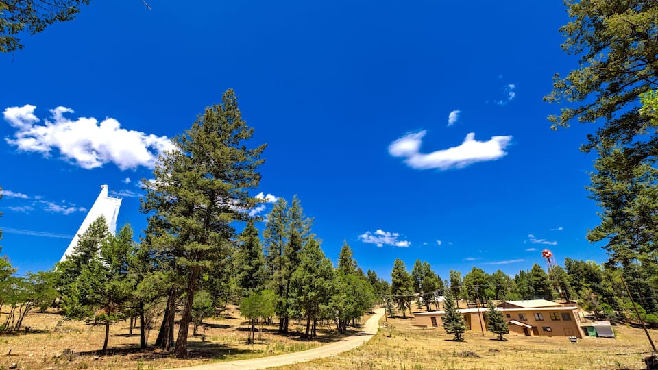 A clear blue sky, a dirt path, and a house surrounded by trees.