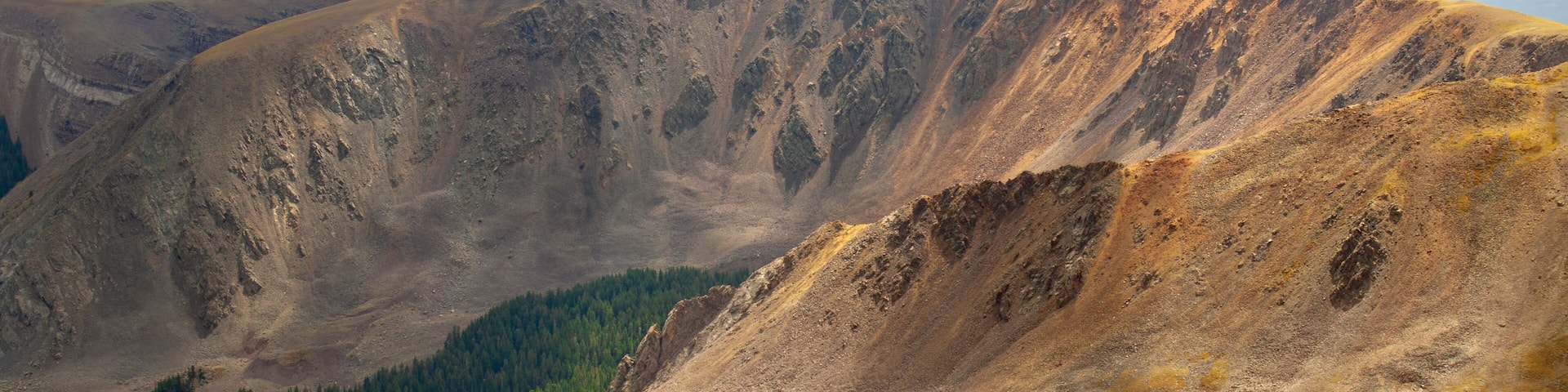 View of the Sangre de Cristo mountain range in the Rocky Mountains as seen from Wheeler Peak, the highest point in New Mexico, in Taos, New Mexico, USA