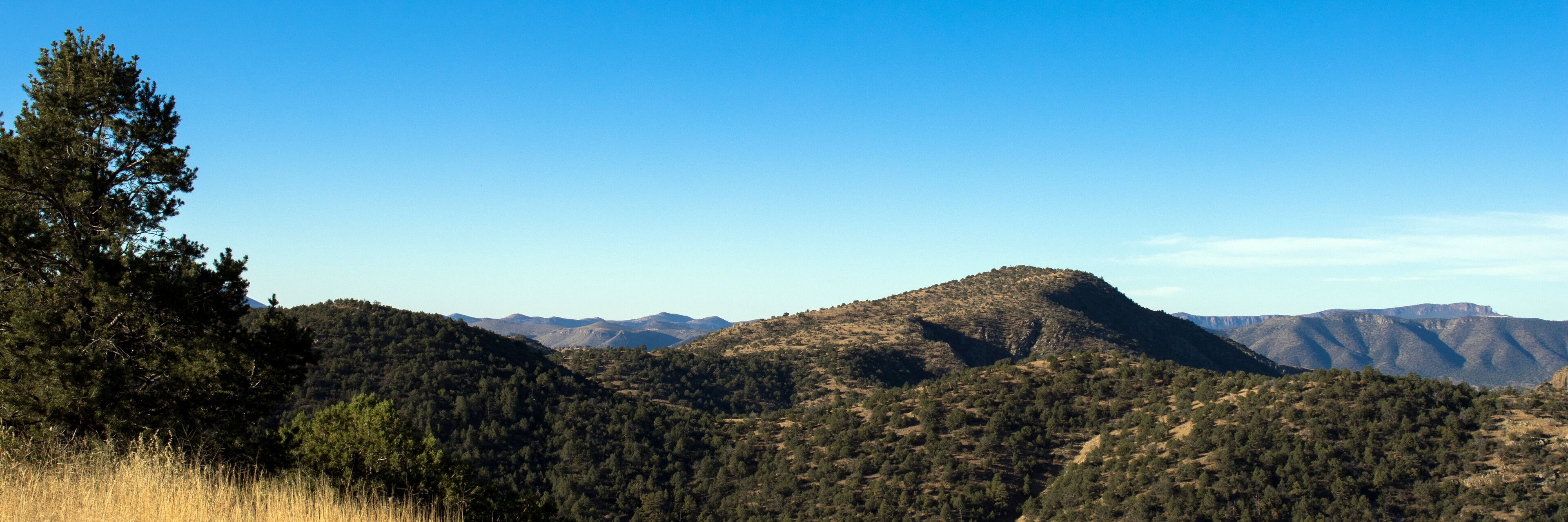 A mountainous landscape with dense forests and clear blue skies.