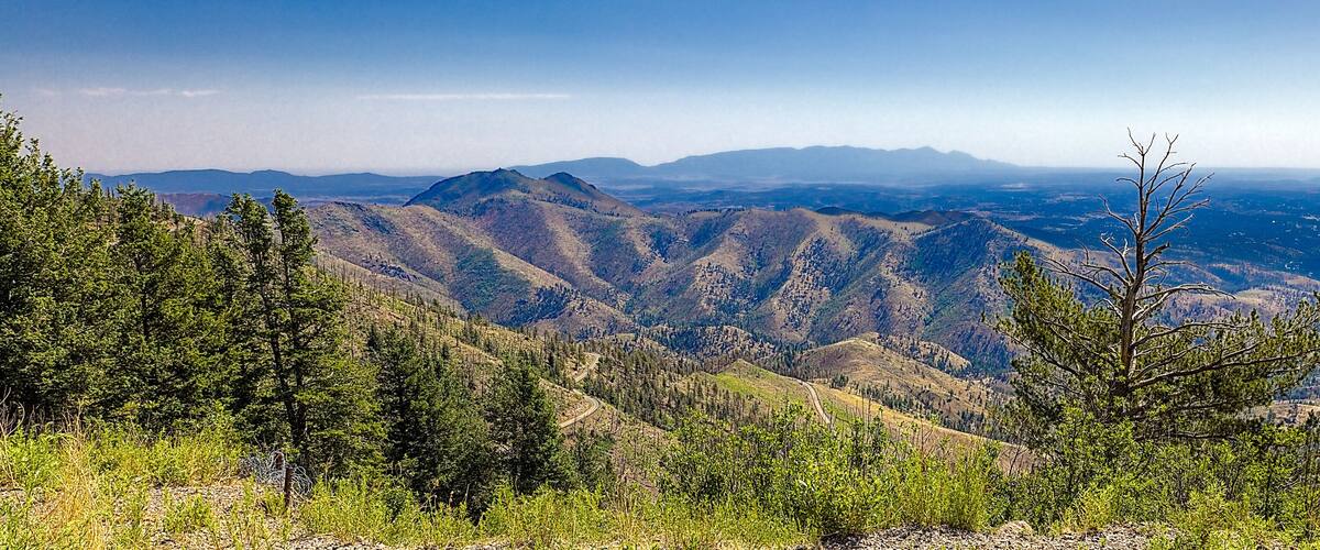 A mountainous landscape with dense forests and winding roads.