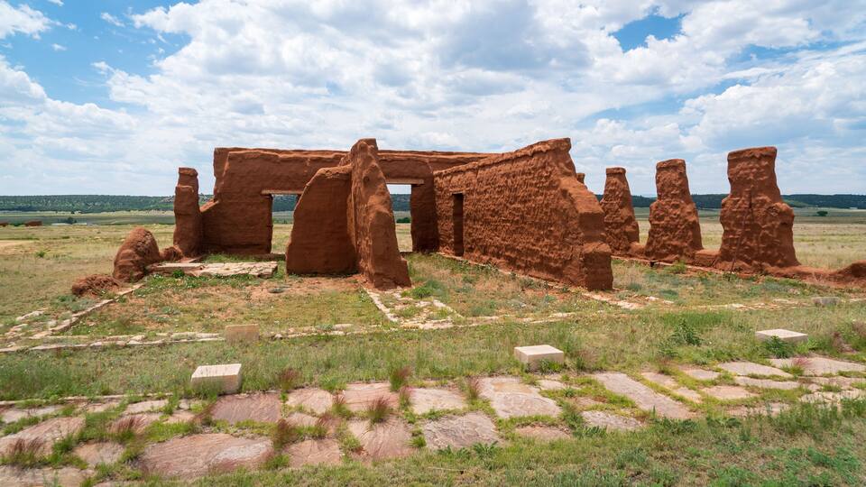 Ancient ruins with stone walls and arches in a grassy field.