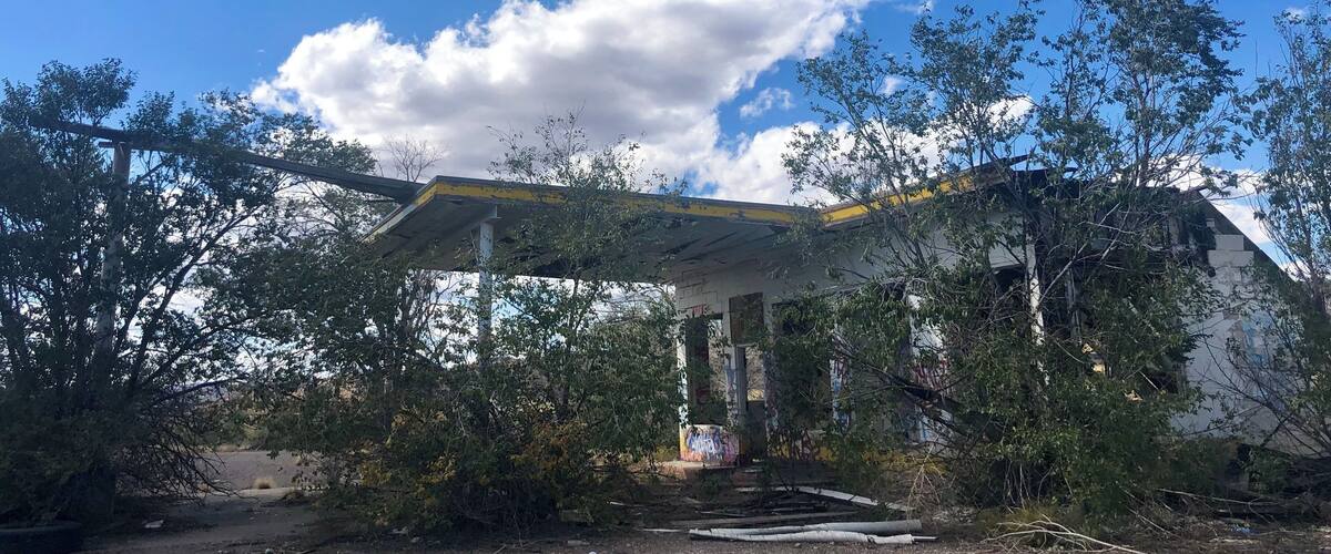 A dilapidated gas station with overgrown vegetation and graffiti.