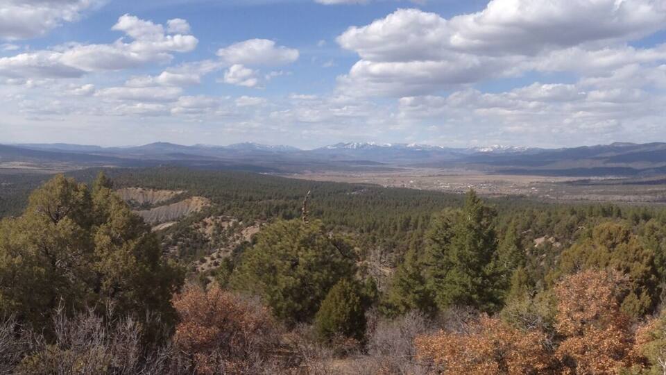 A mountainous landscape with dense forests and a clear sky.