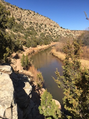 The Pecos River, running north her for a brief jog, runs through beautiful Villanueva State Park, New Mexico. This beautiful place boasts shady campsites, an information center, a friendly ranger on staff, and your choice of a 1-mile riverside trail or an over 2-mile look hike to the top of the canyon and back down again.