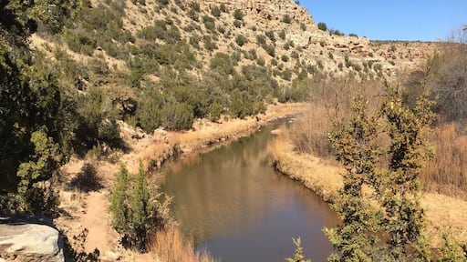 The Pecos River, running north her for a brief jog, runs through beautiful Villanueva State Park, New Mexico. This beautiful place boasts shady campsites, an information center, a friendly ranger on staff, and your choice of a 1-mile riverside trail or an over 2-mile look hike to the top of the canyon and back down again.