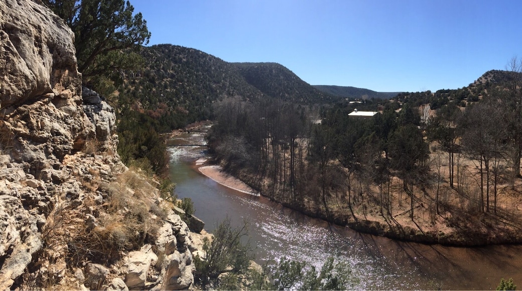 The Pecos River, running north her for a brief jog, runs through beautiful Villanueva State Park, New Mexico. This beautiful place boasts shady campsites, an information center, a friendly ranger on staff, and your choice of a 1-mile riverside trail or an over 2-mile look hike to the top of the canyon and back down again.