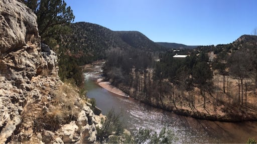 The Pecos River, running north her for a brief jog, runs through beautiful Villanueva State Park, New Mexico. This beautiful place boasts shady campsites, an information center, a friendly ranger on staff, and your choice of a 1-mile riverside trail or an over 2-mile look hike to the top of the canyon and back down again.