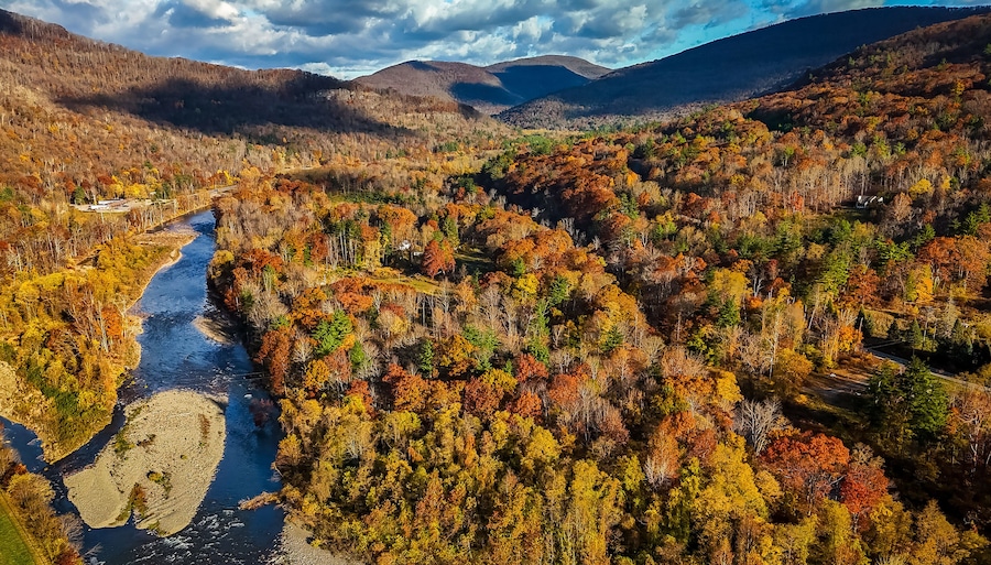 Foliage colors aerial view at Catskills Woodstock in New York