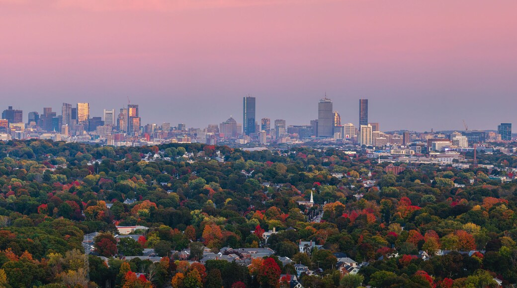 Panoramic view of Boston skyline at autumn sunset