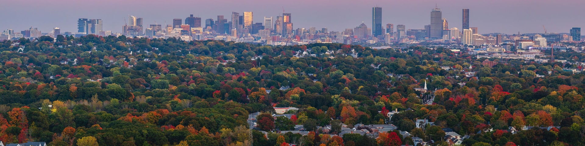 Panoramic view of Boston skyline at autumn sunset