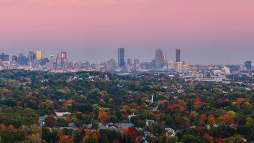 Panoramic view of Boston skyline at autumn sunset
