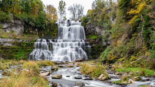 A multi-tiered waterfall surrounded by autumn foliage and a flowing river.