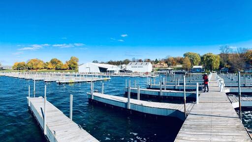 Marina panorama on Keuka Lake in Penn Yan, Finger Lakes region, New York. Amazing natural beauty. Late autumn season, so sailing season just ended