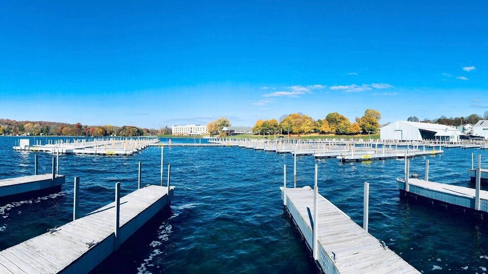 Marina panorama on Keuka Lake in Penn Yan, Finger Lakes region, New York. Amazing natural beauty. Late autumn season, so sailing season just ended