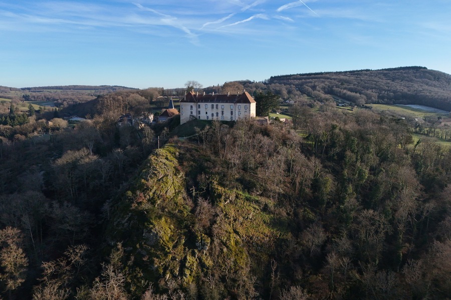 Larochemillay village in Burgundy, France, in winter with forests, hills and meadows