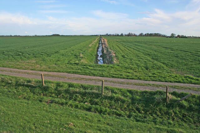 Minor drain across Holland Fen View south east from the top of the River Witham flood bank.