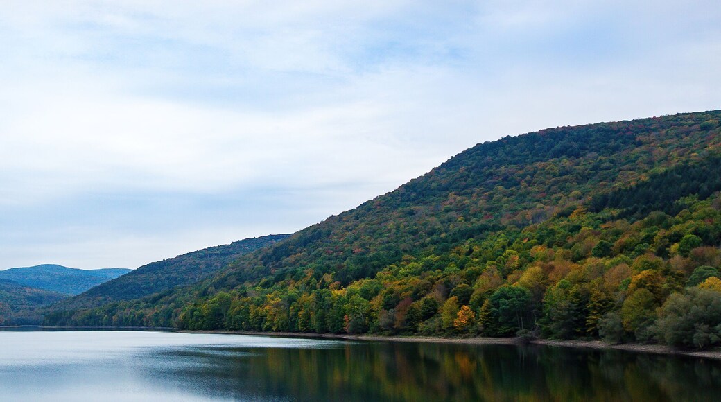 Pepacton Reservoir, Catskills, NY. Beautiful calm lake surrounded by forest. Colors of the leaves are starting to change with Autumn season, and reflections in the water. Blue sky, Wide shot.