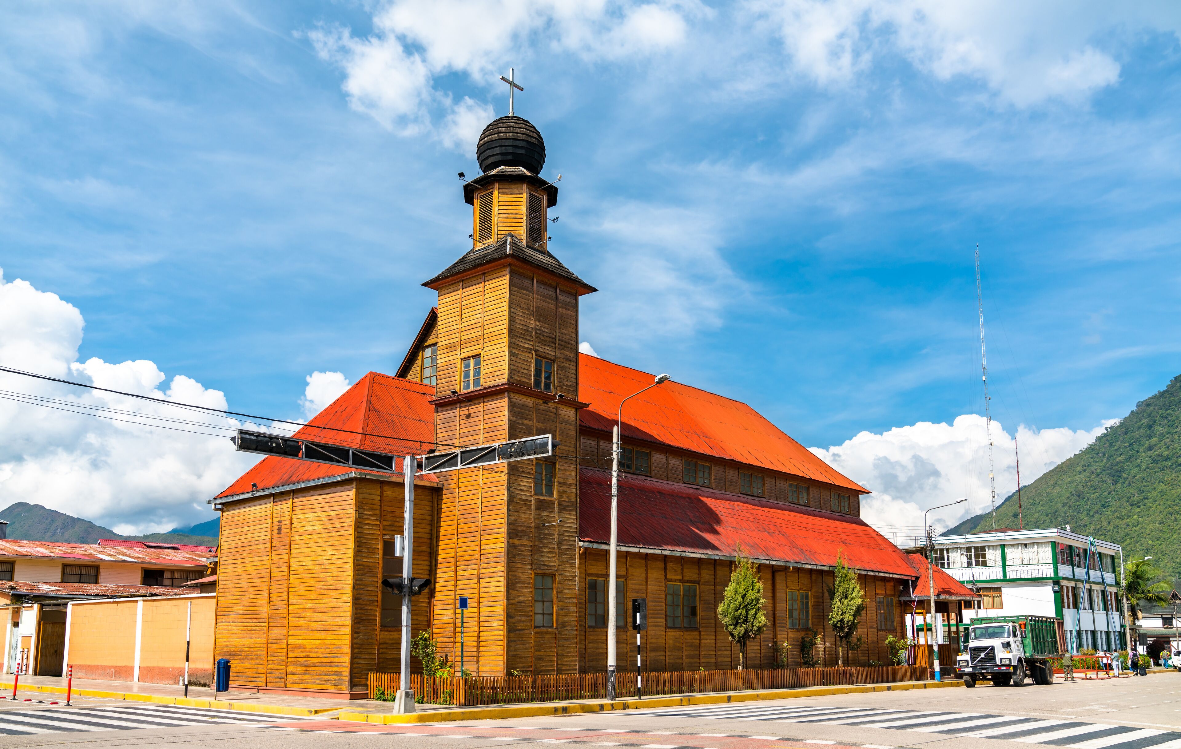 Austrian-style wooden church in Oxapampa, Peruvian Amazonia