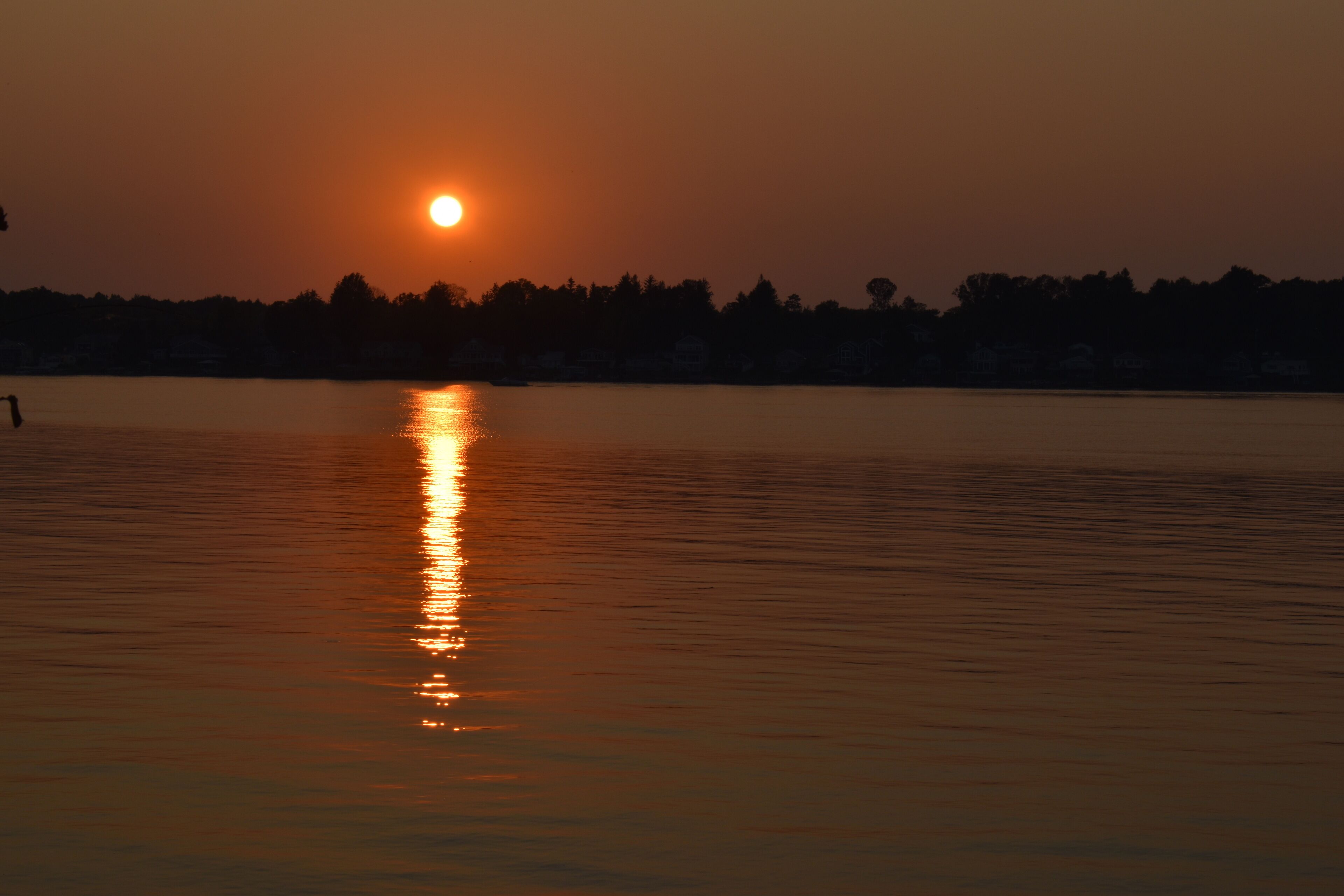 A sunset over a calm body of water with a silhouette of trees in the background.