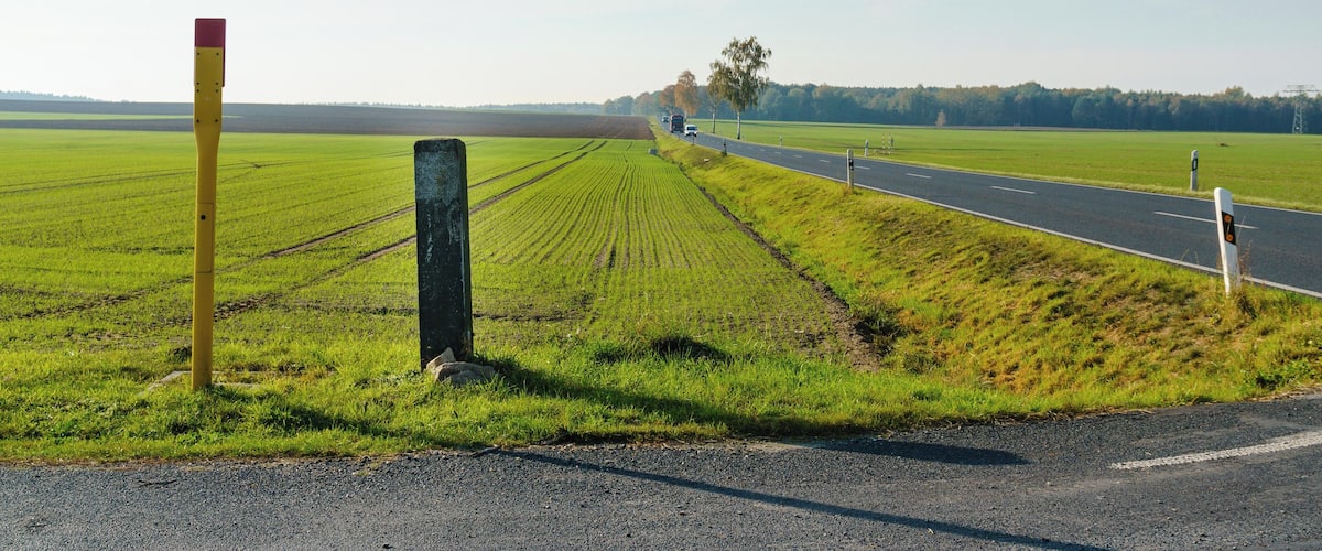 A rural landscape with a road, green fields, and a distant tree line.