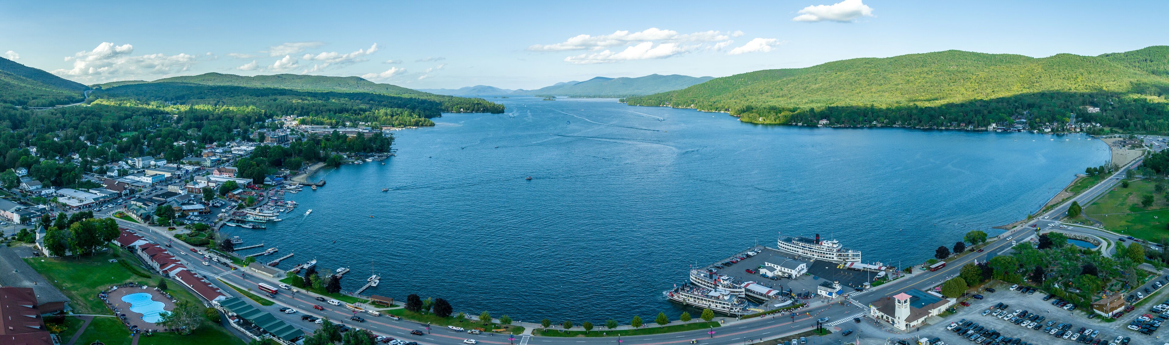 Panoramic aerial view of Lake George New York popular summer vacation destination with colonial wooden fort William Henry
