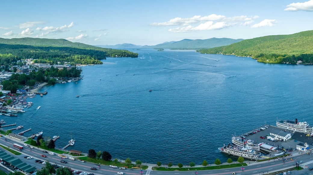 Panoramic aerial view of Lake George New York popular summer vacation destination with colonial wooden fort William Henry