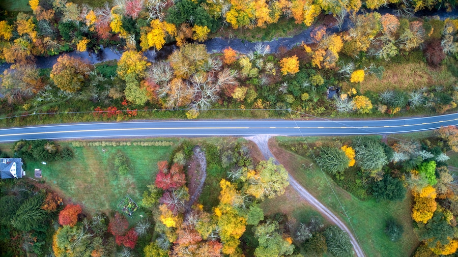 Aerial shot of fall foliage somewhere near Jeffersonville, New York, USA