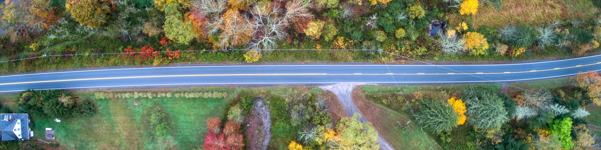 Aerial shot of fall foliage somewhere near Jeffersonville, New York, USA