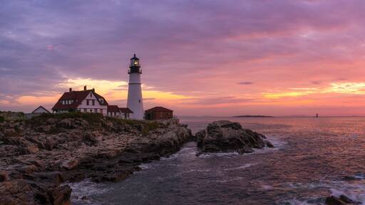 Portland Head Lighthouse Panorama at sunrise in Cape Elizabeth, Maine