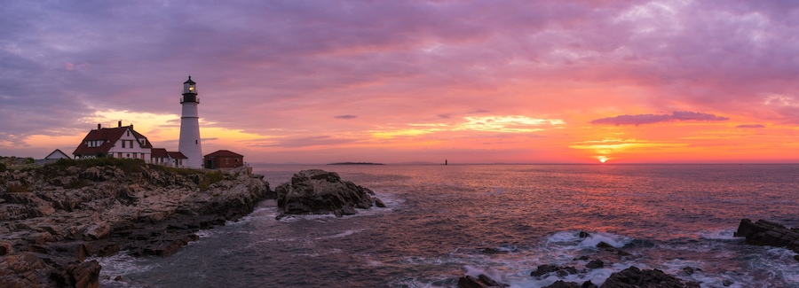 Portland Head Lighthouse Panorama at sunrise in Cape Elizabeth, Maine